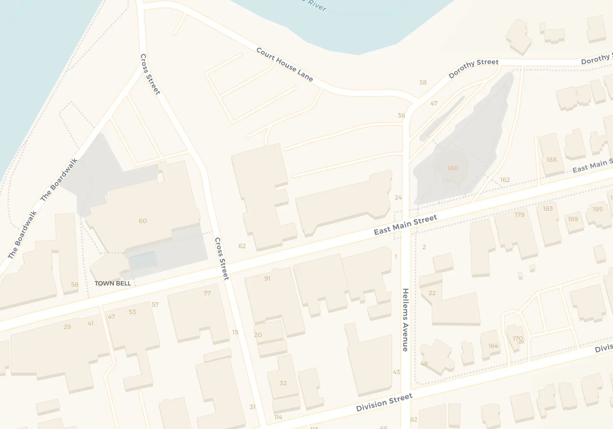 Map of downtown Welland showing Il Forno at 128 East Main Street with free parking in the rear lot behind the building